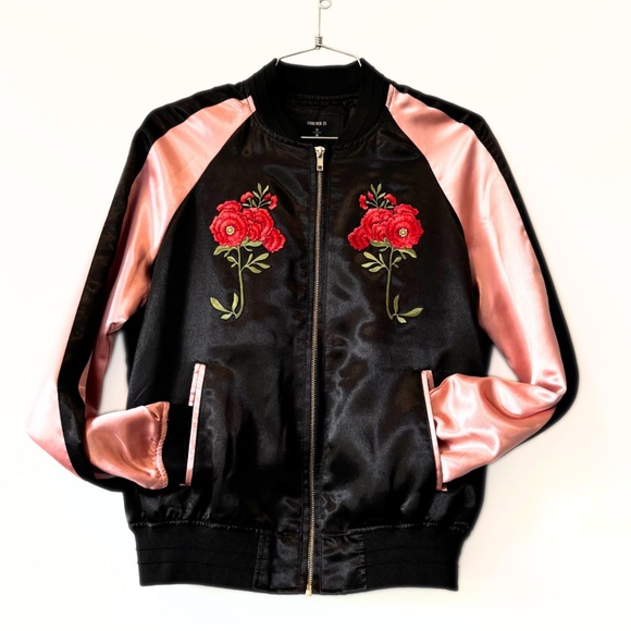 Forever 21 Embroidered Black & Pink Satin Bomber Jacket Size S - Picture 1 of 11